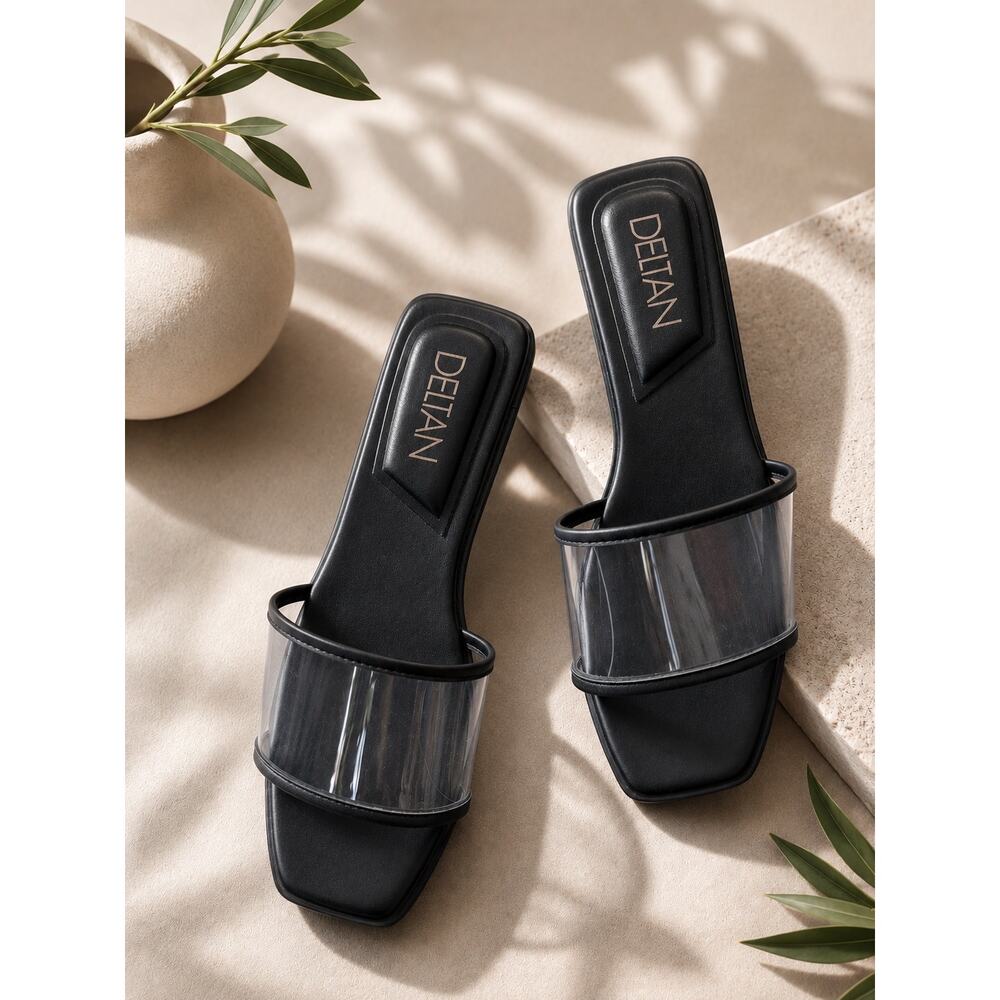 DELTAN Black Clear PVC Slide Sandals Women’s Size 8M Leather Sole New $90 NWOB